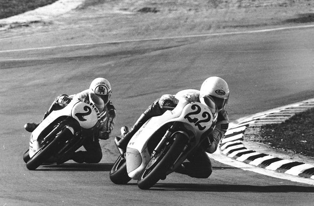Baldwin - Haslam - 1979 - sm Mike Baldwin leading Ron Haslam in the 1979 Transatlantic Match Races. This photo is from Brands Hatch. Baldwin, coming off a broken collarbone injury suffered at Daytona, led all scorers helping the Americans to score the biggest victory to date in the popular event. (The Jim Greening Collection)