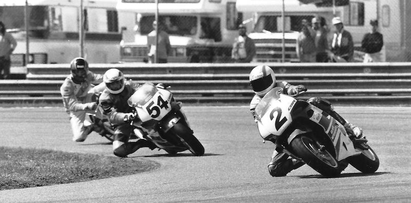 Barnes, Michael - Daytona Michael Barnes (2) leads the AMA/CCS Middleweight Supersport Expert race over Titian Bue (54) and Danny Roberts (behind Bue) at Daytona International Speedway in March of 1991. (Larry Lawrence photo)