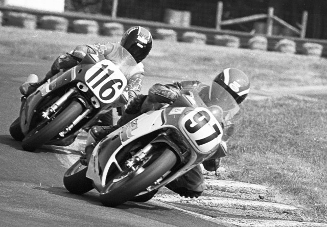 Giaimo - Landrum - Mid-O '87 A pair of Superbike racers from Ohio, Fred Giaimo (97) of Perrysville and Mike Landrum from Chillicothe, do battle in the 1987 AMA Superbike round at Mid-Ohio Sports Car Course in Lexington, Ohio. (Larry Lawrence photo)