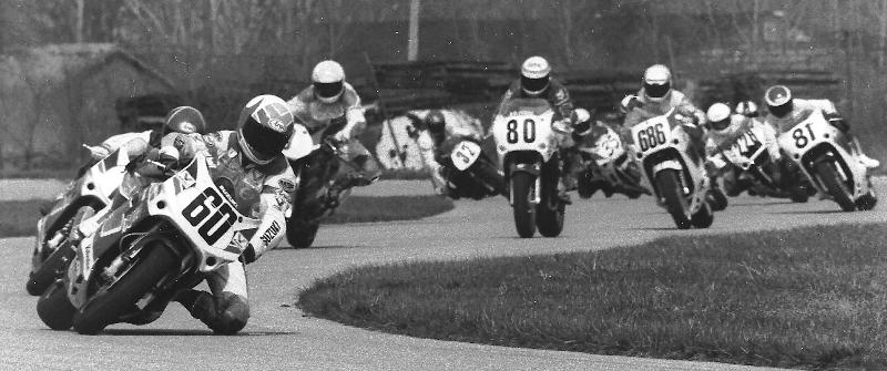 Kurt Hall leads Steve Patterson, Todd Hoge and the rest of the field in a WERA A Superstock race at Indianapolis Raceway Park in April of 1991. (Larry Lawrence photo)