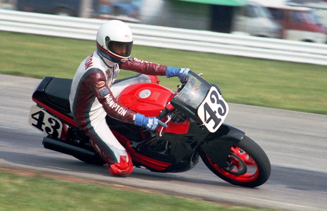 Hampton, Terry - IRP 1987 Terry Hampton racing his Honda in a WERA race at Indianapolis Raceway Park in April of 1987. (Larry Lawrence photo)