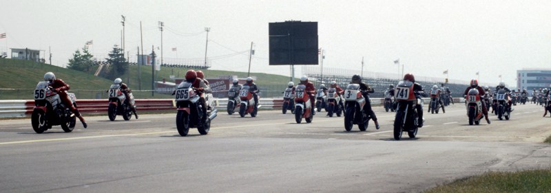 IRP start A WERA B Production race gets underway at Indianapolis Raceway Park in the mid-1980s, probably 1985. The front row consists of Brian Berney (56), Robby Braunscheidel (665), Bart Peterson (3) and Charlie Buse (741). (Larry Lawrence photo)