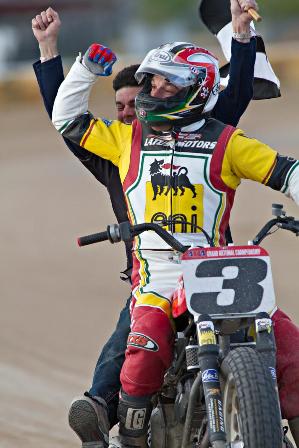 Joe Kopp celebrates giving Ducati its first AMA Grand National Flat Track victory.