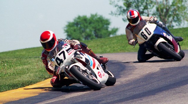 Lewis, Donn - Grattan 5-91 Donn Lewis, on his Yamaha TZ250, leads Phil Pummell on his Honda VFR750 Superbike in practice during a WERA racing weekend at Grattan Raceway in May of 1991. (Larry Lawrence photo)