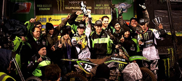 Monster Kaw West Monster Energy/ Pro Circuit/ Kawasaki rider Josh Hansen earned his first win of the season in dominating fashion during a downpour at Rice-Eccels Stadium in Salt Lake City. Teammate Jake Weimer finished fifth, which was good enough to earn his first-career title as he was crowned the Western Region AMA Supercross Lites champion. Monster Energy Kawasaki's Nick Wey, who is filling in for injured Ryan Villopoto, finished ninth. Chad Reed took the weekend off to be with his wife and newly born son Tate.