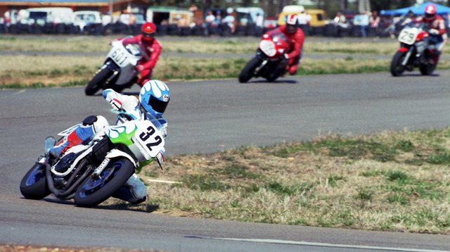 Dale Quarterley races his Yamaha Superbike at a WERA event at Talladega Grand Prix in March of 1987. That’s Sam McDonald in fourth on bike 29. (Larry Lawrence photo)