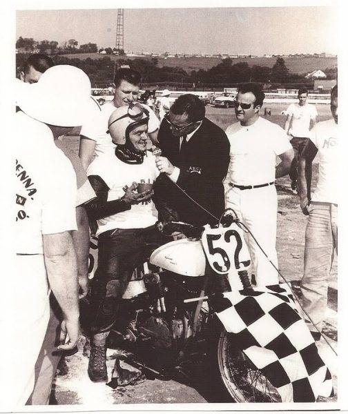 ABC’s Wide World of Sports motorsports announcer Chris Economaki interviews Ronnie Rall after a flat track race sometime in the 1960s. 