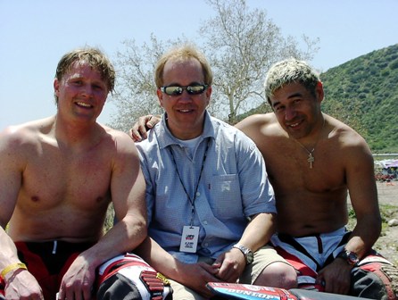 Shoots with Rahlves and Caballero Pat Schutte (center) with Olympic Skier Daron Rahlves (left) and skating legend Steve Caballero (right). (Larry Lawrence photo)