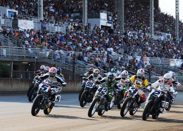 Springfield Mile - May 2010 - sm Jake Johnson (5) nails the start at the Memorial Day Weekend Springfield Mile. He led all the way. Bryan Smith (42) was second on the Monster Energy Kawasaki and factory Harley-Davidson’s Kenny Coolbeth (2) was third. (Larry Lawrence photo)