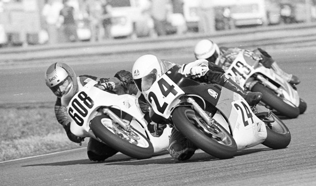 Stephens, James - Daytona '87 James Stephens (24) battles with German rider Franz Lederer (608) and Luis Lavado (643) of Venezuela during the Daytona 250 Grand Prix race in 1987. Lederer finished 6th, Lavado 7th and Stephens 8th in that year’s race. (Larry Lawrence photo)