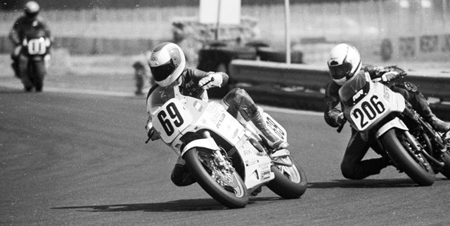 Team Sunset - Sears '86 Peter Carroll bends the No. 69 Team Sunset Kawasaki Ninja 600 into the final turn at Sears Point during the AMA/CCS Endurance Championship race in May of 1986. Team Sunset won the GTU class at Sears Point that year. (Larry Lawrence photo)