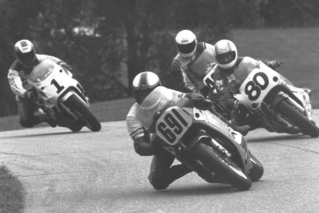 Thomas Wilson (691) leading Randy Gaddey (80), Marty Miller (behind Gaddey) and Stevie Patterson (1) in a 1990 Michigan Grand Prix race at Grattan Raceway. (Larry Lawrence photo)