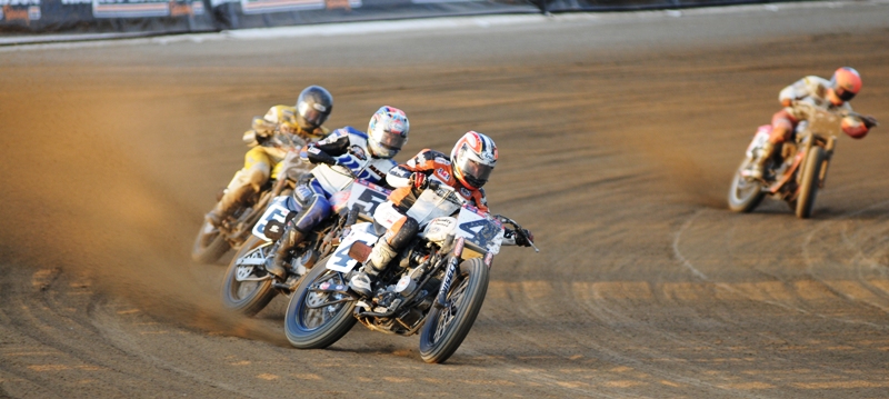 Carr - Lima 2010 Chris Carr (4) leads Jake Johnson (5), Robert Pearson (in yellow) and Matt Weidman throttle up through turn four during Heat race three at this past Saturday’s Grand National on the Lima (Ohio) Half-Mile. (Larry Lawrence photo)