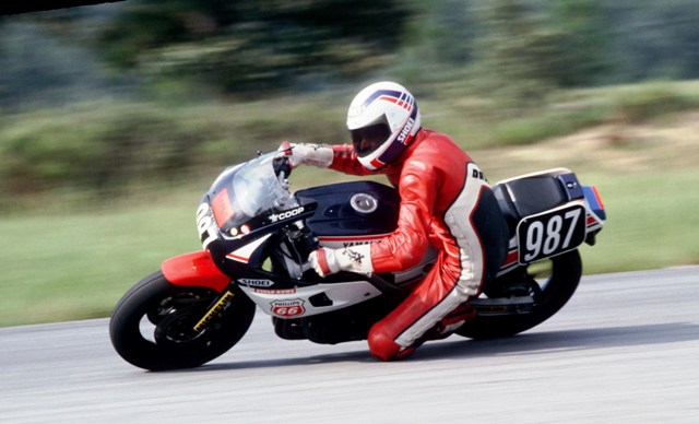 Cooper, Glenn - Roebling Road 1986 -sm Glenn Cooper, of “Coop” as he was known to his fellow competitors, races his Yamaha FZ600 in a WERA C Production race at Roebling Road in 1986. (Larry Lawrence photo)