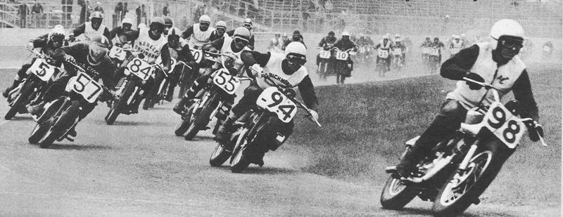 Joe Leonard (98) leads George Roeder (94), John Platchek (57), Roger Reiman (55), Larry Williamson (84), Jody Nicholas (5), Dick Klamfoth (2) and the rest of the pack at the stat of the 1962 Daytona 200. It marked the final appearance in the race by Leonard, the three-time AMA National Champion. He went on to a successful Indy car racing career. 