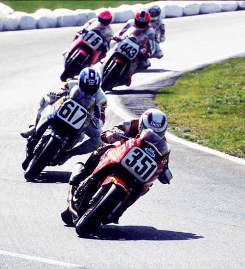 Rodney Farris (351) leads Brit Geoff Fowler (617), Dean Swims (443), Russ Paulk (15) and another rider coming out of the chicane during the Daytona 200 in March of 1987. (Larry Lawrence photo)
