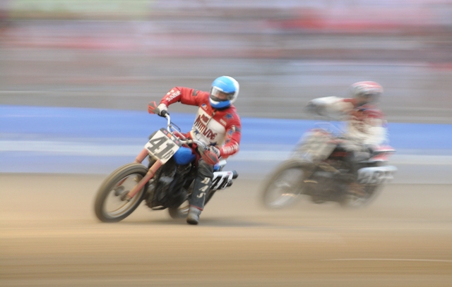 Hazel, Bradley - Lima 2010 Brad Hazel is a blur of action as he flies into turn one during a Semi in the AMA Grand National at Lima, Ohio. (Larry Lawrence photo)