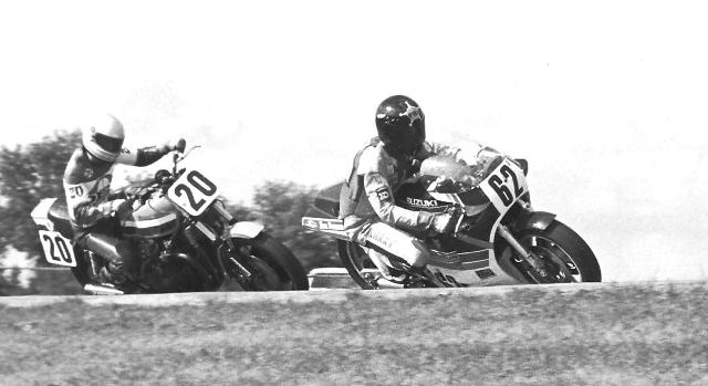 Boonie Knott (62), riding a Suzuki RG500 GP bike, races Russ Albrecht (20) and his Kawasaki ELR Superbike in WERA Formula 1 action at Road America in 1984. I believe Knott won the race after Albrecht was disqualified for weaving on the front straight. (Larry Lawrence photo)