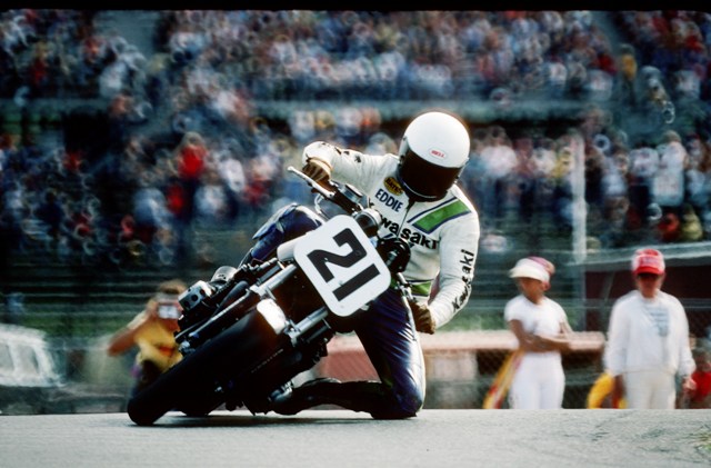Eddie Lawson racing the big Kawasaki KZ1000 MK2, aka Black Beauty, on his way to winning the AMA Superbike race at Pocono Raceway in August of 1980. (Rich Chenet photo)