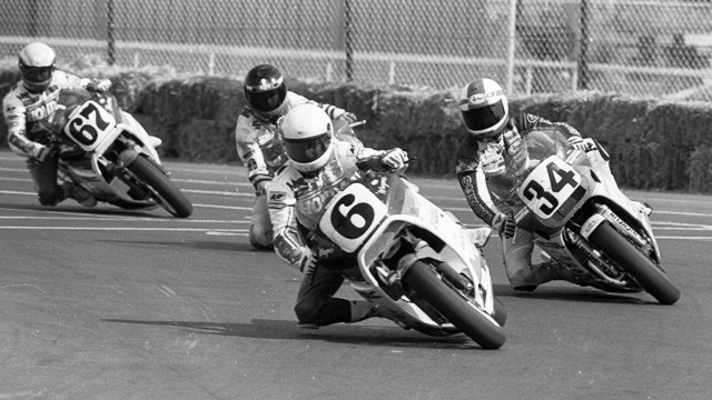 Wayne Rainey (6) leads archrival Kevin Schwantz (34), Doug Polen and Bubba Shobert (67) in the AMA Superbike race at Memphis Motorsports Park in 1987. (Larry Lawrence photo)