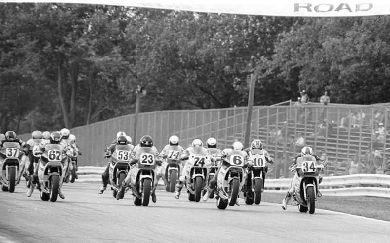Road America SB 1987 Riders launch their motorcycles at the start of the AMA Superbike round at Road America in June of 1987. Kevin Schwantz (34) went on to win the race. (Larry Lawrence photo)