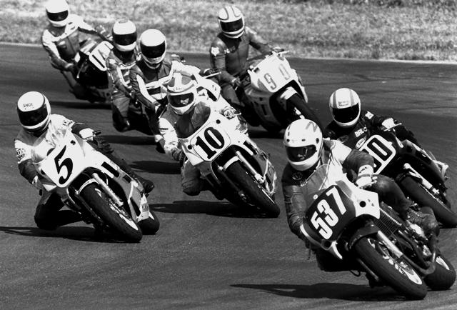 Royale Racing (5), Team America (10) and We’re Human Too (60) work through traffic in a WERA National Endurance eight-hour race at Grattan Raceway sometime in the late 1980s. (Larry Lawrence photo)