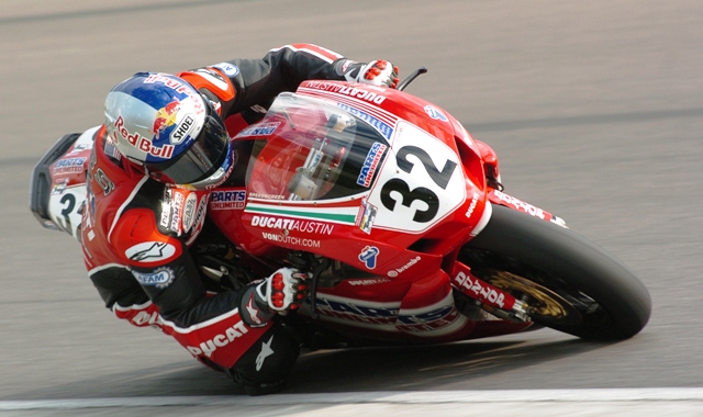 Bostrom, Eric - Barber '05 Eric Bostrom races the Parts Unlimited Ducati in one of the 2005 AMA Superbike rounds at Barber Motorsports Park in Birmingham, Alabama. 2005 was a solid season for Bostrom on the factory-backed Ducati. He scored Superbike victories that year at Pikes Peak International, Mazda Raceway Laguna Seca, and Mid-Ohio. (Larry Lawrence photo)