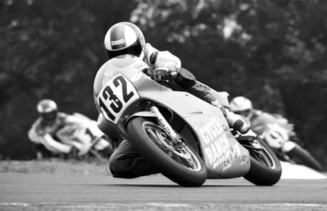 D'Aluisio, Gary - Rd. Atl 1988 Gary D’Aluisio accelerates his Cycle Ranch sponsored Honda RS250 onto the back straight out of Road Atlanta’s turn seven during the 1988 AMA 250 Grand Prix race. (Larry Lawrence photo)
