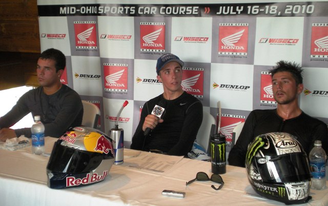 Fong, Herrin, Cardenas It was hot at Mid-Ohio last weekend. You can see the exhaustion on the faces of the podium finishers of Saturday’s Daytona SportBike final. This is (left to right) Bobby Fong, Josh Herrin and Martin Cardenas during the post-race press conference. (Larry Lawrence photo)