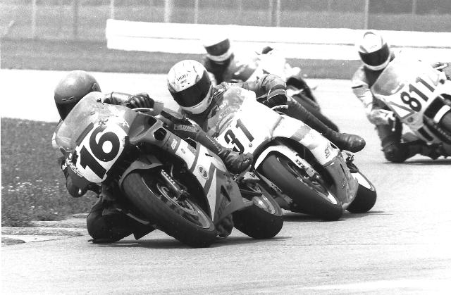 IRP 4 Hour 1993 Northern Boys Racing (16) is about to be passed by Fritz Kling on the Gold Hill Racing Yamaha (31) during the WERA 4-Hour National Endurance race at Indianapolis Raceway Park on August 8, 1992. (Larry Lawrence photo)