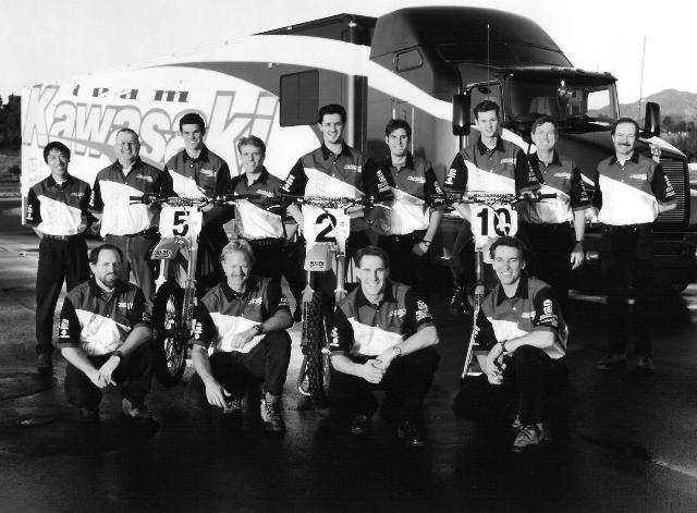 Kawasaki MX 1996-sm Team Kawasaki’s 1996 Motocross squad. This team inadvertently helped the AMA finally computerize its vast stores of historic racing results. (Kawasaki press kit photo)