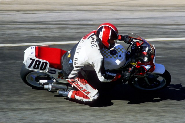 Moe, Eric - GNF1988-sm Eric Moe leans his Suzuki GSXR through a turn at Road Atlanta during the WERA Grand National Finals in 1988. (Larry Lawrence photo)