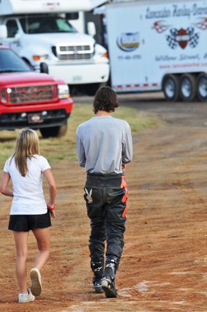 Robinson 1 A racing couple: Shayna Texter and Brandon Robinson walk together at the Bedford (Pa.) Half-Mile in 2008. Robinson said Shayna was a pillar of strength for him as he recovered from his injuries. (Larry Lawrence photo)