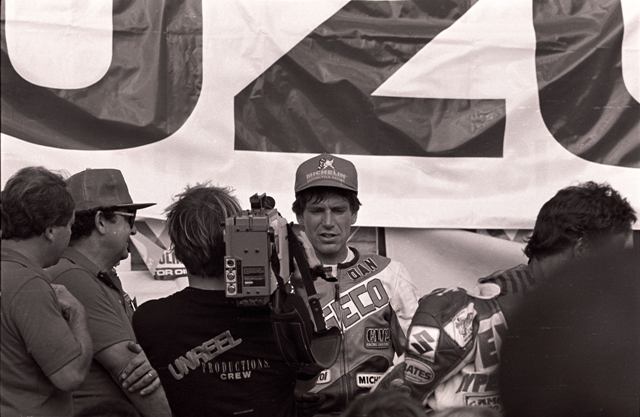 Chivington - 1986 GSXR Dan Chivington is interviewed by TV crews after winning the Suzuki GSXR1100 Cup final at Road Atlanta in November of 1986. (Larry Lawrence photo)