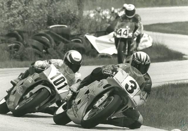 Greene - Moroso Donny Greene (3) battles Danny Walker (101) in the WERA Pro Air Tech Formula Two race at West Palm Beach, Florida’s Moroso Motorsports Park in September of 1991. The two had a great race until Walker experienced brake problems on his bike and fell back late in the race. Greene went on to the victory. (Larry Lawrence photo)