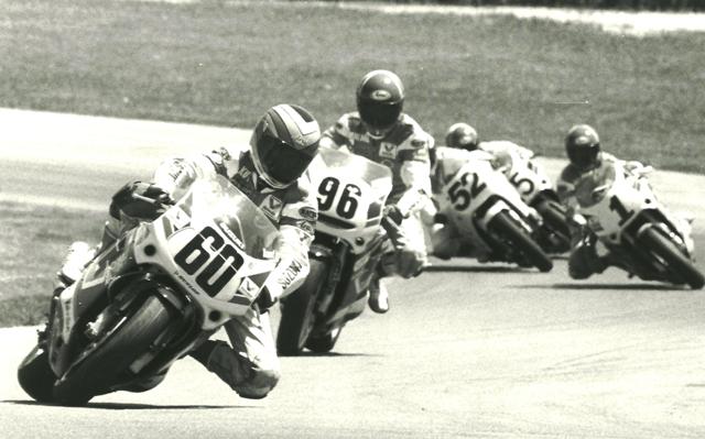 Hall - Grattan 1991 Kurt Hall (60) leads Michael Martin (96), Britt Turkington (1), Ray Yoder (52) and Stevie Patterson (behind Yoder) in a WERA A Superstock race at Grattan Raceway in June of 1991. All but Yoder were Valvoline Suzuki riders. (Larry Lawrence photo)