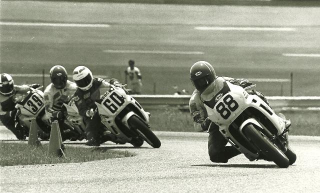 Harth - Rockingham Mike Harth (88) leads Kurt Hall (60), Jamie James and George Fox (39) in a WERA C Production at Rockingam circa 1988. It appears all four riders are riding Suzuki 600 Katanas. (Larry Lawrence photo)