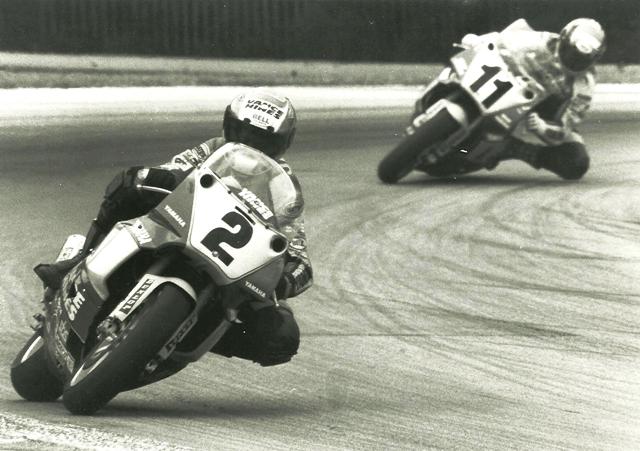 James - Road America '91 Vance & Hines Yamaha riders Jamie James (2) and Thomas Stevens (11) battle late in the 1991 Road America Superbike round. James held off his teammate to earn his second-career AMA Superbike victory. (Larry Lawrence photo)