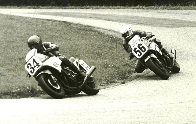 Key - Berney Ed Key (34) and Brian Berney (56) race their Yamaha FZ750s in the WERA Formula 1 race at Grattan Raceway in July of 1985. In a close race Key held off Berney to take the win. (Larry Lawrence photo)