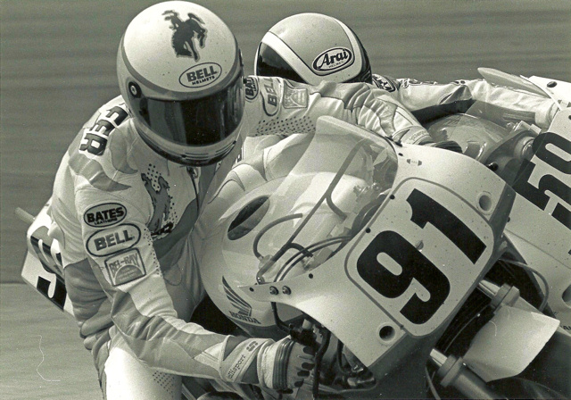 Kieffer - Jacks Dr. Dave Kieffer (91) and Donald Jacks (59) racing wheel to wheel in an AMA Superbike race, possibly Topeka around 1990. Dr. Kieffer not only raced Superbikes for the better part of 15 years, he also helped many racers stay on the track after injury, either by surgery or by rigging up special braces to allow them to ride without doing further damage to an injury. (Larry Lawrence photo)