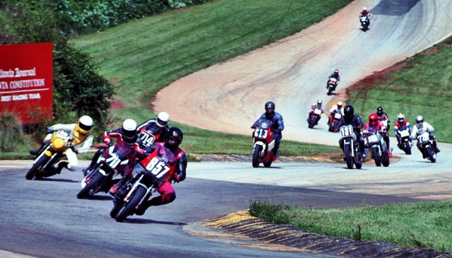 Lars LaVine, riding a Yamaha FJ600, leads the pack in what looks to be a C Production Novice race in WERA Regional action at Road Atlanta in August of 1985. (Larry Lawrence photo)