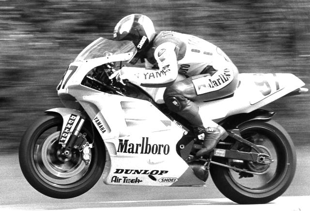 Oliver - F-USA Moroso Rich Oliver power wheelies the Marlboro Yamaha YZR500 en route to shattering the Moroso Motorsports Park (West Palm Beach, Fla.) track record. (Larry Lawrence photo)