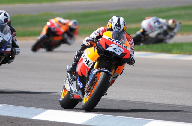Pedrosa In Indianapolis Dani Pedrosa earned his third victory of the season. He also won at the Grand Prix of Italy and the Grand Prix of Germany. Here Pedrosa is shown shortly after he took the lead from Ben Spies. (Larry Lawrence photo)