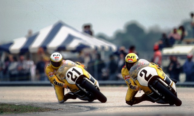 Roberts - Lawson - Daytona 1983-sm Kenny Roberts leads Yamaha teammate Eddie Lawson in the 1983 Daytona 200. Roberts and Lawson were on Yamaha’s OW69. It was a Daytona special, a 680cc version of Yamaha’s 500cc GP machine. The bikes were capable of 190+ mph and were definitely the bikes to beat. (Rich Chenet Collection)