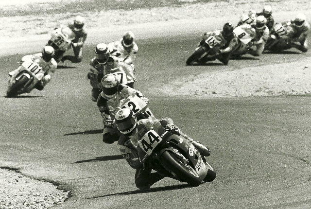 Scott, Alan - Willow FUSA '91 Alan Scott (44) leads the first lap of the AirTech Formula 2 race at Willow Springs in April of 1991. Nick Ienatsch (directly behind Scott) went on to win the race. In addition to Scott and Ienatsch you can also see Kenny Roberts, Jr. in third, followed by Danny Walker (101), Chris D’Aluisio (11) and others. (Larry Lawrence photo)