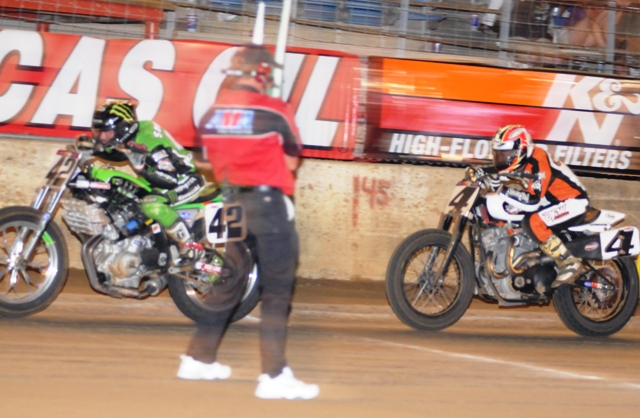 Smith - Carr - Indy Mile 2010 Bryan Smith and Chris Carr ran this close all night. Smith edged out Carr on the final lap to give Kawasaki its first AMA Grand National Twins victory. (Larry Lawrence photo)