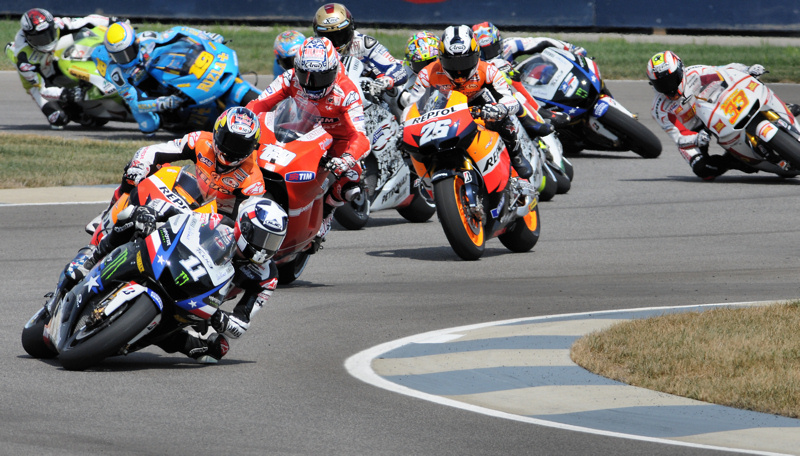 American Ben Spies led the start of the 2010 Red Bull Indianapolis Grand Prix. Dani Pedrosa (26) came through to win the race. (Larry Lawrence photo)