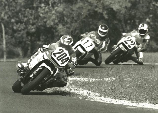 Zampach - Eidenberger - Russell Scott Zampach (204) leads John Eidenberger (17) and Scott Russell (22) in a late 1980s Michigan Grand Prix at Grattan Raceway. The trio finished in this order with Zampach taking the victory. (Larry Lawrence photo)