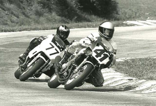 It was the battle of the abbreviations in WERA National Endurance action at Road Atlanta in the early 1990s. Here BMH Racing (41) battles with RKN Racing (77). BMH was on a Yamaha FZ600 while RKN raced a Yamaha FZR400. RKN was racing for the lead in the Mediumweight Superbike class when a broken throttle cable took them out of contention. RKN Racing went on to win the Lightweight class. Pictured on RKN is Fabian Cortez. Not sure who is riding BMH’s bike. (Larry Lawrence photo)