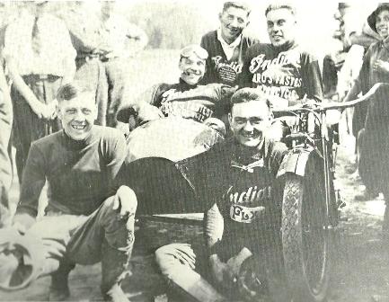Clymer Clymer (left) poses with fellow sidecar racers Shrimp Burns (with goggles) John Lovett, John Seymour and Floyd Dreyer (sitting) at a 1920 national championship race in Denver.